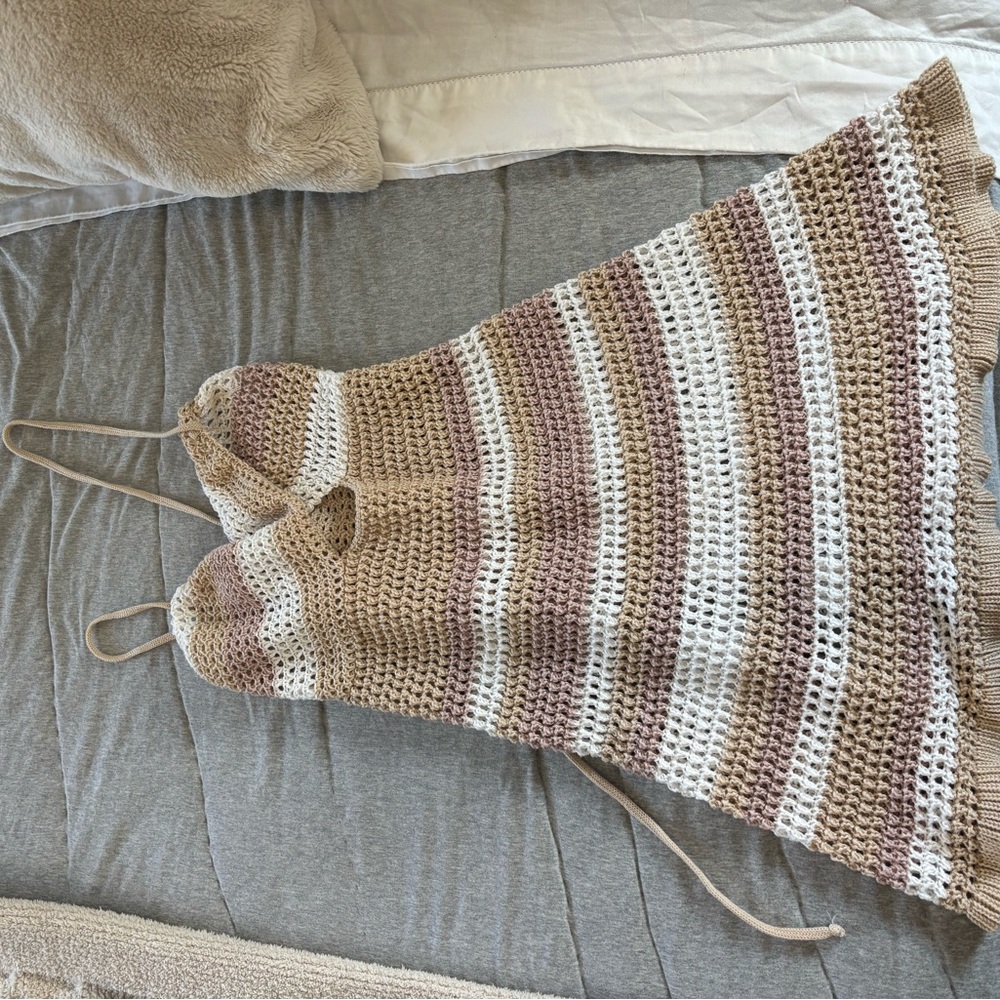 Striped Crochet Halter Dress in Cream and Taupe